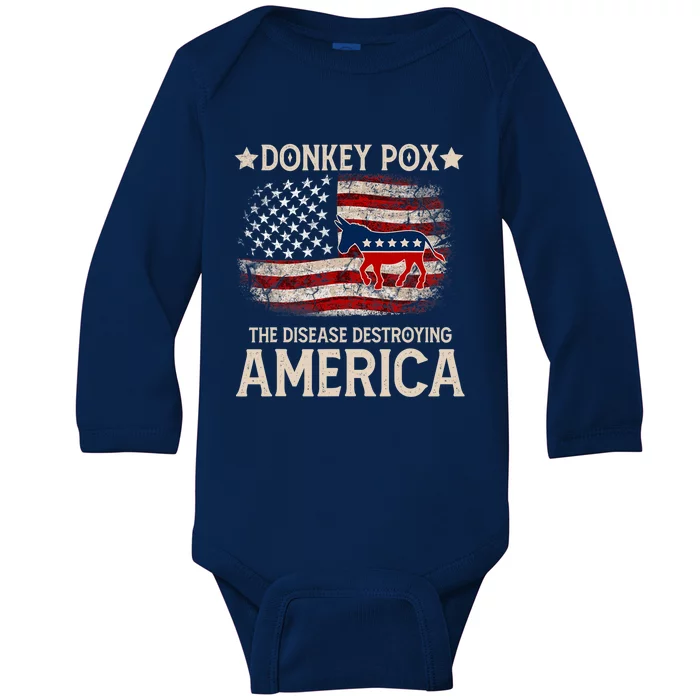 Donkey Pox The Disease Destroying America Funny Donkeypox Amrica Flag Baby Long Sleeve Bodysuit