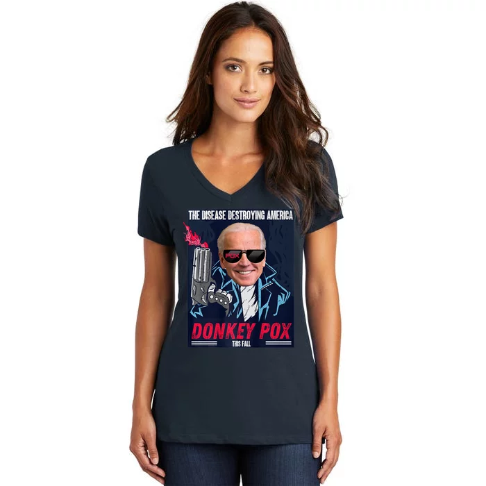 Donkey Pox The Disease Destroying America Funny Biden Meme Women's V-Neck T-Shirt