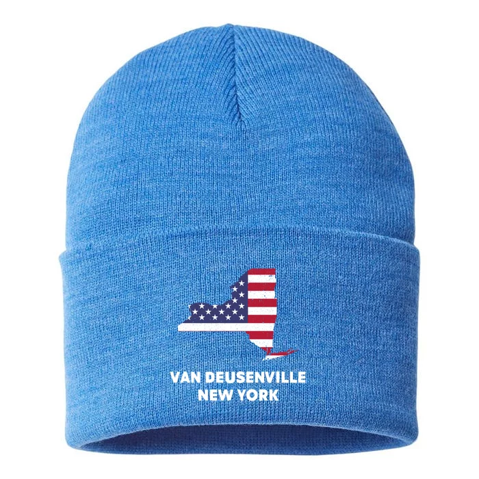 Distressed Patriotic Usa Flag Van Deusenville New York Funny Gift Sustainable Knit Beanie