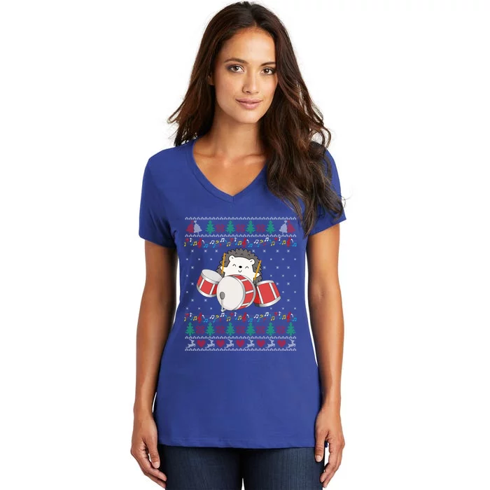 Drum Player Ugly Christmas Sweater Hedgehog Xmas Matching Meaningful Gift Women's V-Neck T-Shirt