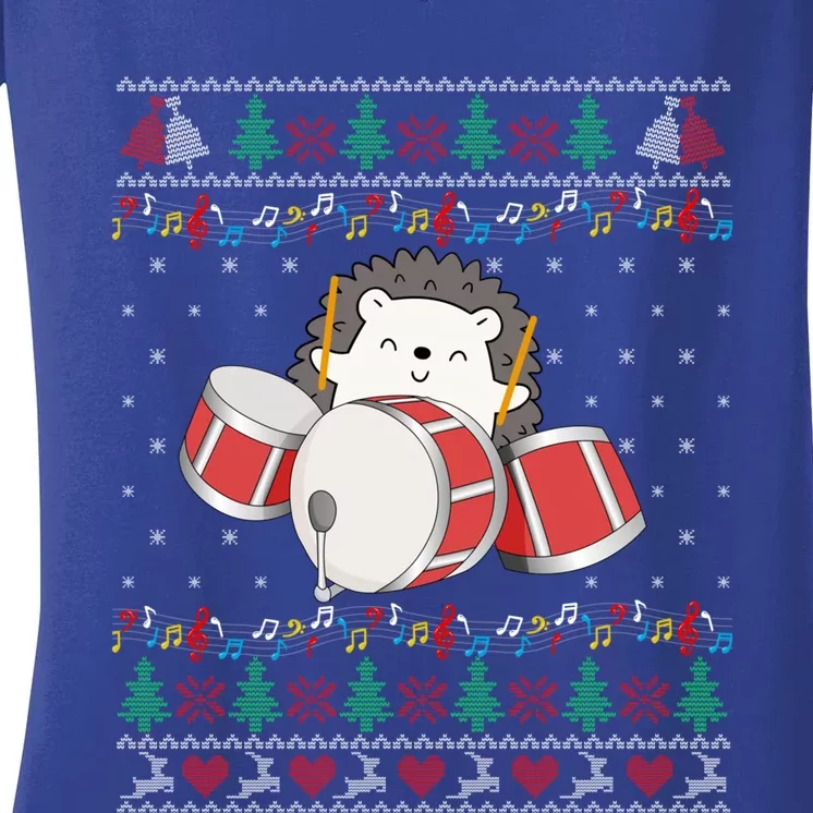 Drum Player Ugly Christmas Sweater Hedgehog Xmas Matching Meaningful Gift Women's V-Neck T-Shirt