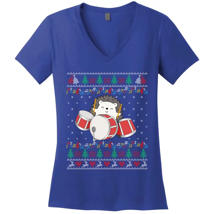 Drum Player Ugly Christmas Sweater Hedgehog Xmas Matching Meaningful Gift Women's V-Neck T-Shirt