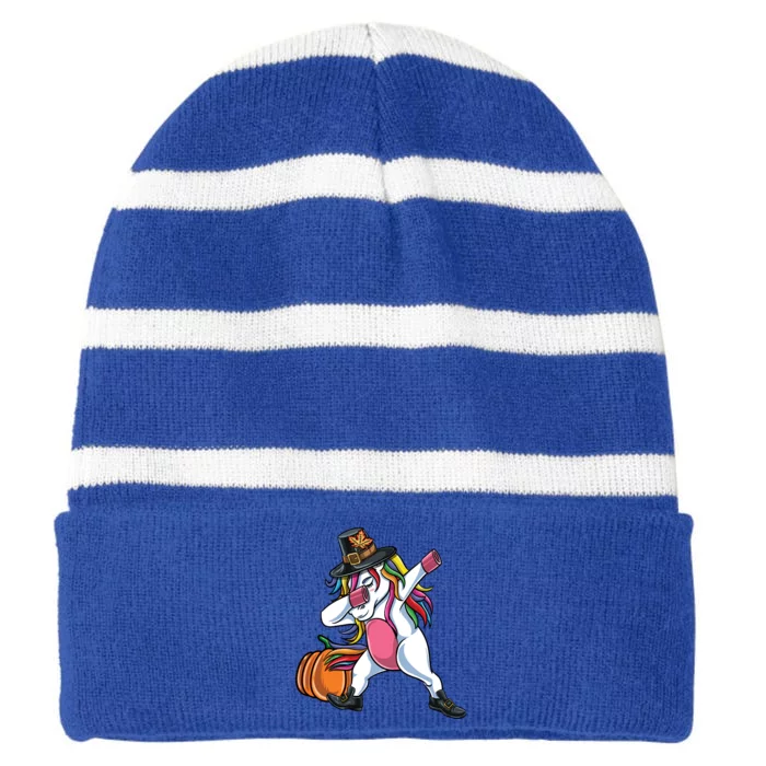 Dabbing Pilgrim Unicorn Thanksgiving Gift Striped Beanie with Solid Band