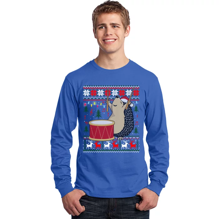 Drum Player Ugly Christmas Sweater Hedgehog Xmas Matching Long Sleeve Shirt