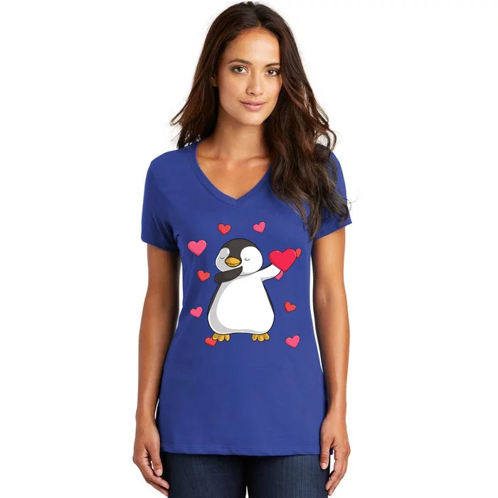 Dabbing Penguin Valentine's Day Love Heart Dance Pose Cute Gift Women's V-Neck T-Shirt