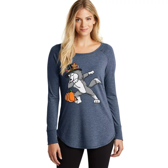 Dabbing Pilgrim Wolf Thanksgiving Funny Gift Women's Perfect Tri Tunic Long Sleeve Shirt