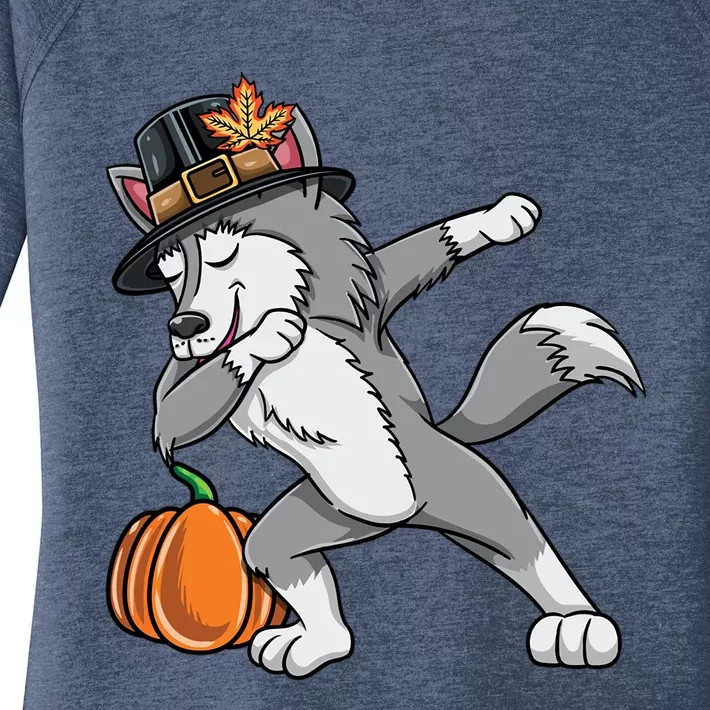 Dabbing Pilgrim Wolf Thanksgiving Funny Gift Women's Perfect Tri Tunic Long Sleeve Shirt