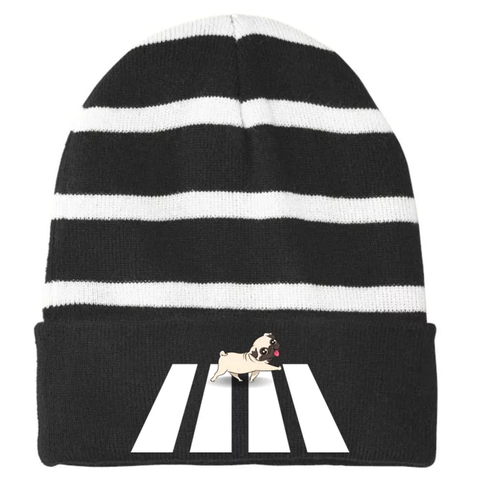 Dog Pug Walk Over Crosswalk Striped Beanie with Solid Band