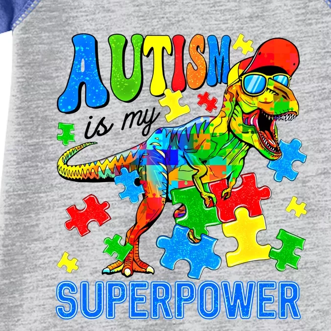 Dinosaur Rex Autism Is My Superpower Autism Awareness Gift Infant Baby Jersey Bodysuit