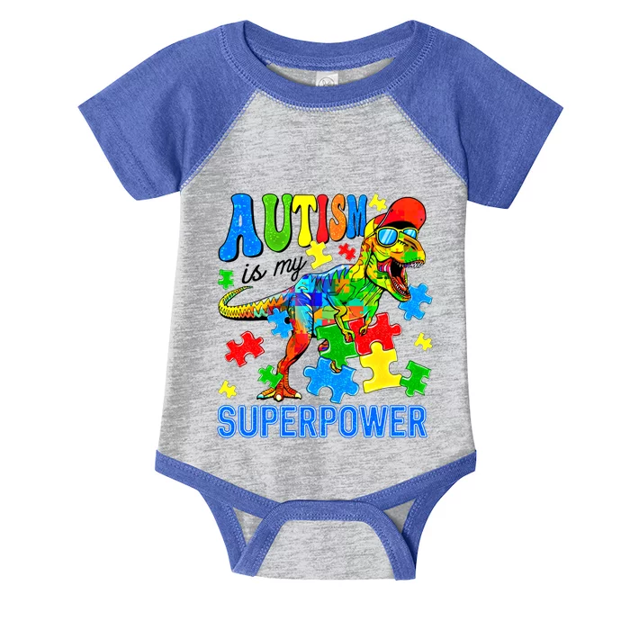 Dinosaur Rex Autism Is My Superpower Autism Awareness Gift Infant Baby Jersey Bodysuit