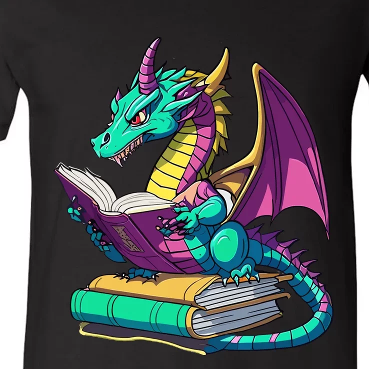 Dragon Reading Book V-Neck T-Shirt