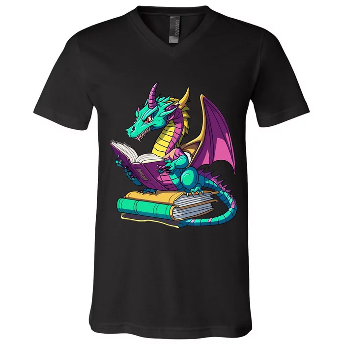 Dragon Reading Book V-Neck T-Shirt