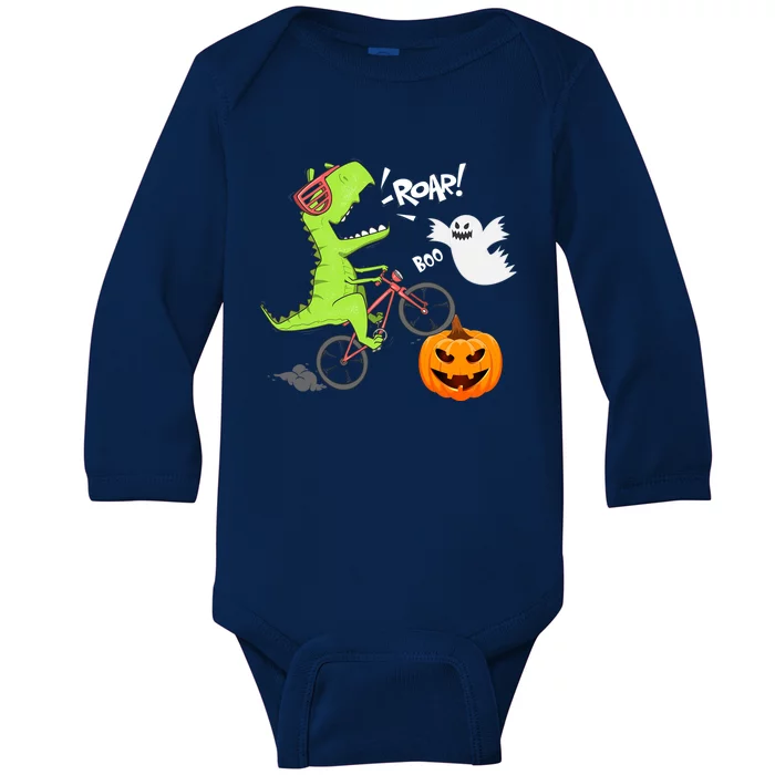 Dinosaur Riding Bicycle Funny Halloween Pumpkin Dinosaur Gift Baby Long Sleeve Bodysuit