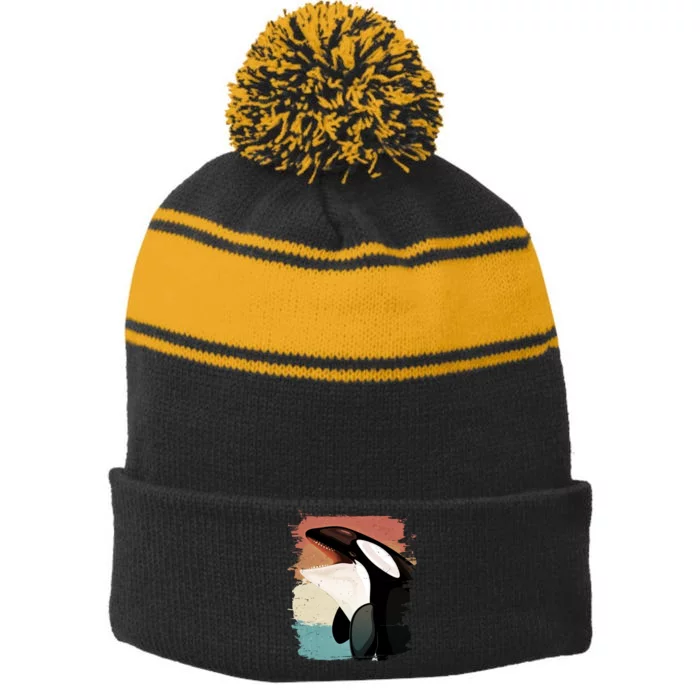 Distressed Retro Colors Orca Killer Whale Stripe Pom Pom Beanie