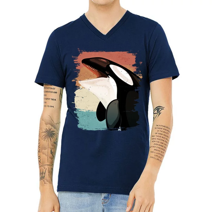 Distressed Retro Colors Orca Killer Whale V-Neck T-Shirt