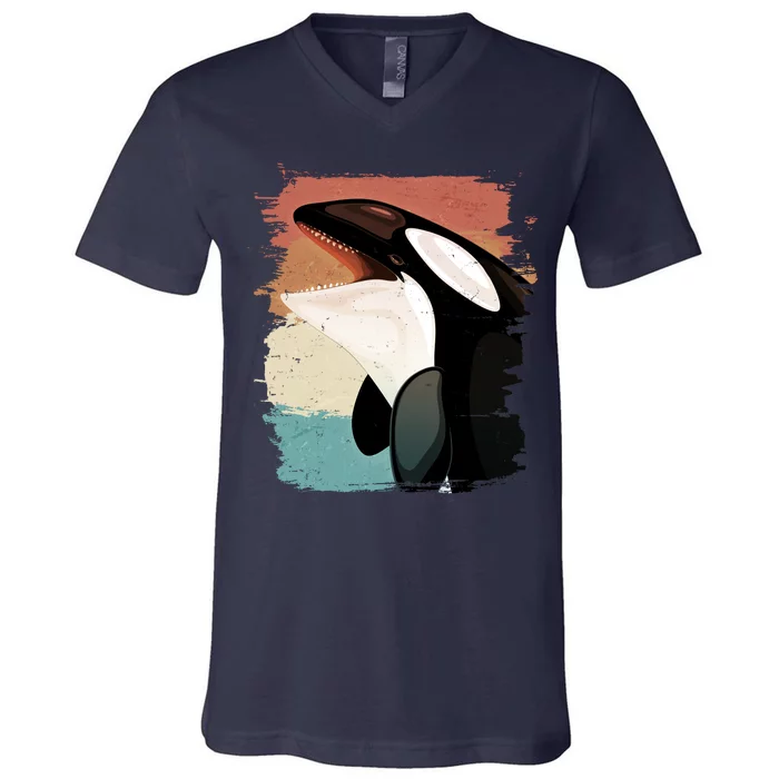 Distressed Retro Colors Orca Killer Whale V-Neck T-Shirt