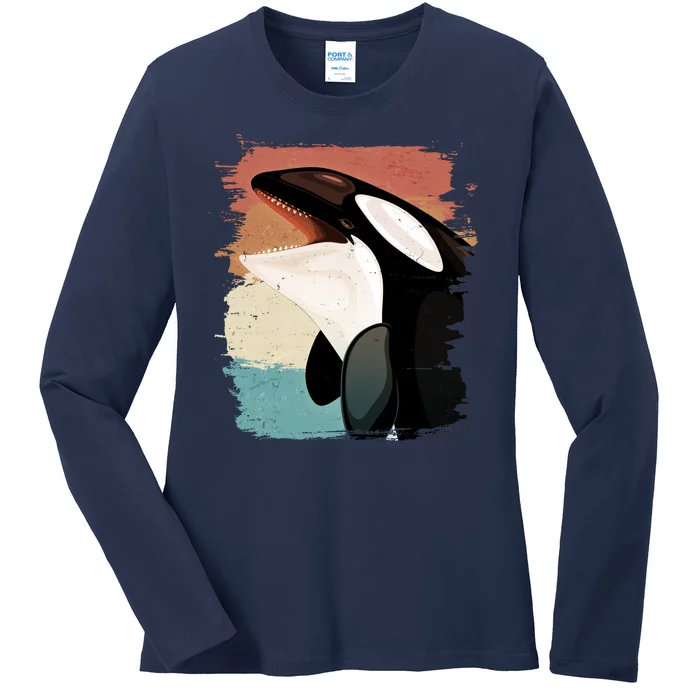 Distressed Retro Colors Orca Killer Whale Ladies Long Sleeve Shirt