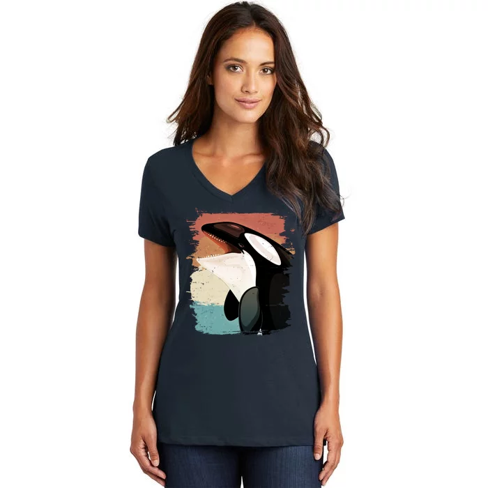 Distressed Retro Colors Orca Killer Whale Women's V-Neck T-Shirt