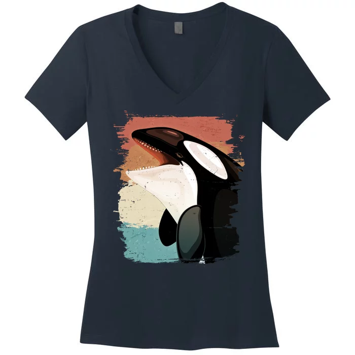 Distressed Retro Colors Orca Killer Whale Women's V-Neck T-Shirt