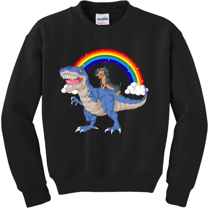 Dachshund Riding Dinosaur Kids Sweatshirt