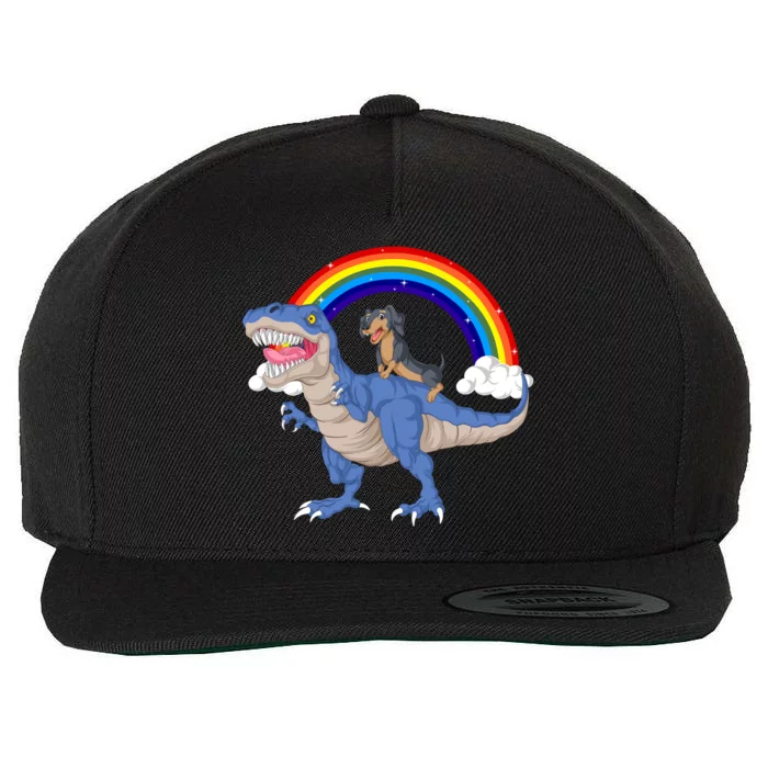 Dachshund Riding Dinosaur Wool Snapback Cap