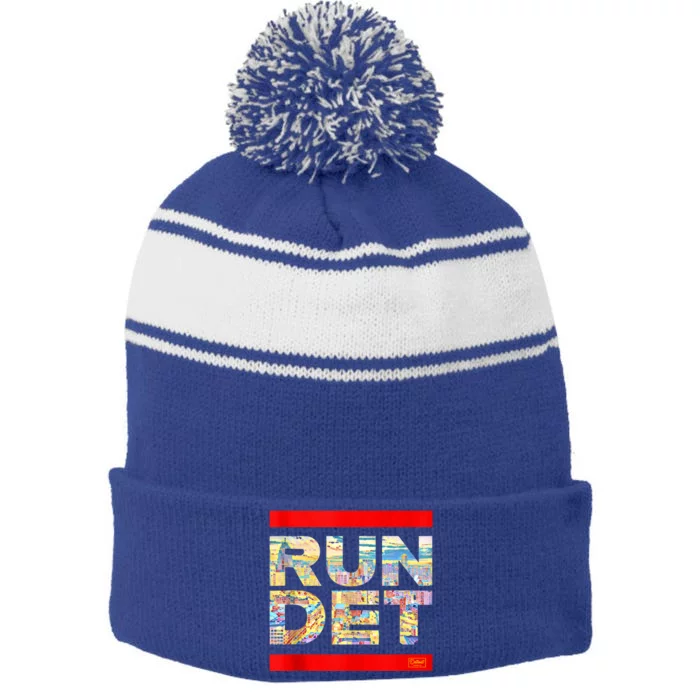 Detroit RUN DET | Detroit Running Michigan MI Stripe Pom Pom Beanie