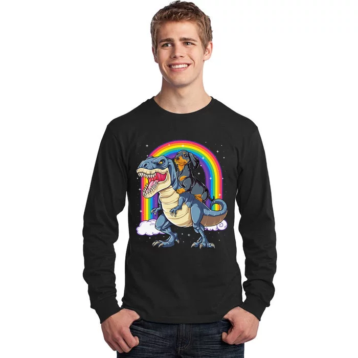 Dachshund Riding Dinosaur T rex Gifts Rainbow Tall Long Sleeve T-Shirt