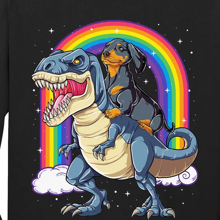 Dachshund Riding Dinosaur T rex Gifts Rainbow Tall Long Sleeve T-Shirt