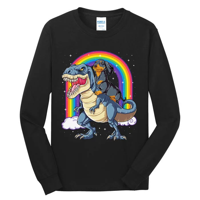 Dachshund Riding Dinosaur T rex Gifts Rainbow Tall Long Sleeve T-Shirt