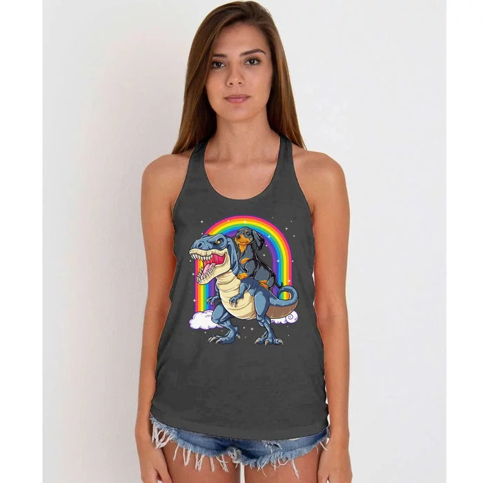 Dachshund Riding Dinosaur T rex Gifts Rainbow Women's Knotted Racerback Tank