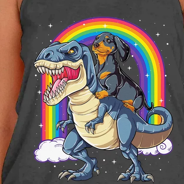 Dachshund Riding Dinosaur T rex Gifts Rainbow Women's Knotted Racerback Tank