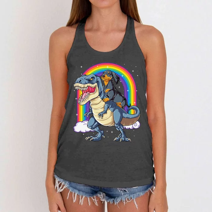 Dachshund Riding Dinosaur T rex Gifts Rainbow Women's Knotted Racerback Tank