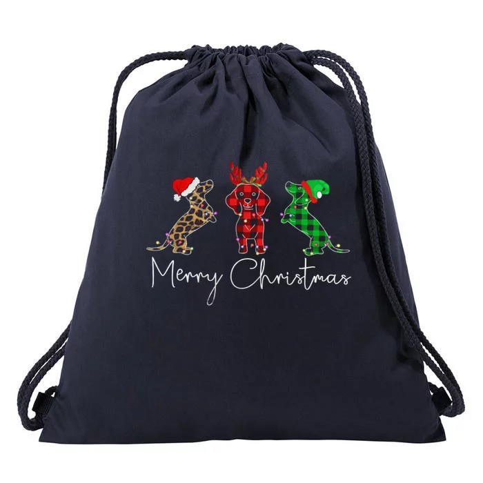 Dachshund Reindeer Elf Christmas Lights Tree Leopard Plaid Great Gift Drawstring Bag