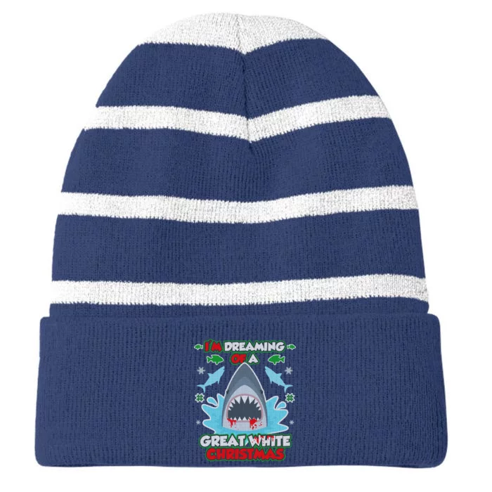 Dreaming of a Great White Shark Ugly Christmas Striped Beanie with Solid Band