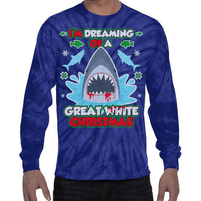 Dreaming of a Great White Shark Ugly Christmas Tie-Dye Long Sleeve Shirt