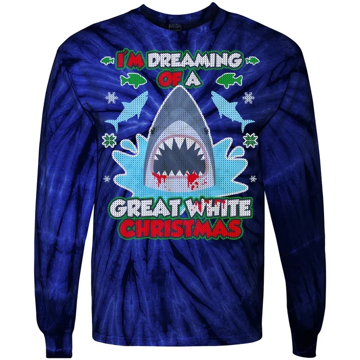 Dreaming of a Great White Shark Ugly Christmas Tie-Dye Long Sleeve Shirt