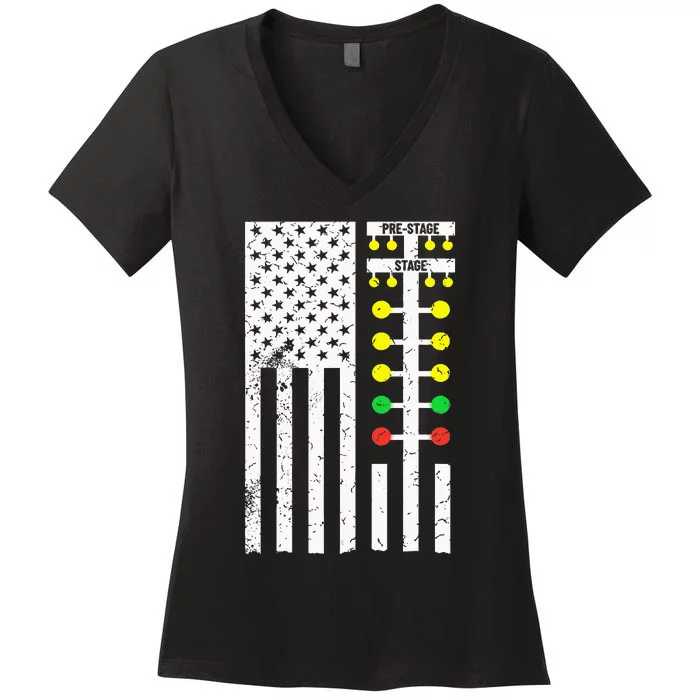 Drag Racing Flag American Drag Race Track Strip Light Tree Women's V-Neck T-Shirt