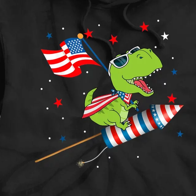 Dinosaur Riding Fireworks Funny 4th Of July Boy Tie Dye Hoodie