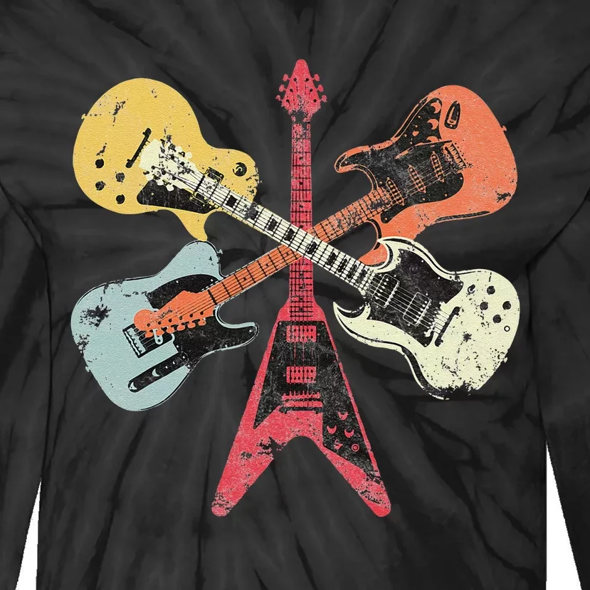 Distressed Retro Guitar Collection Rock Music Fan Tie-Dye Long Sleeve Shirt