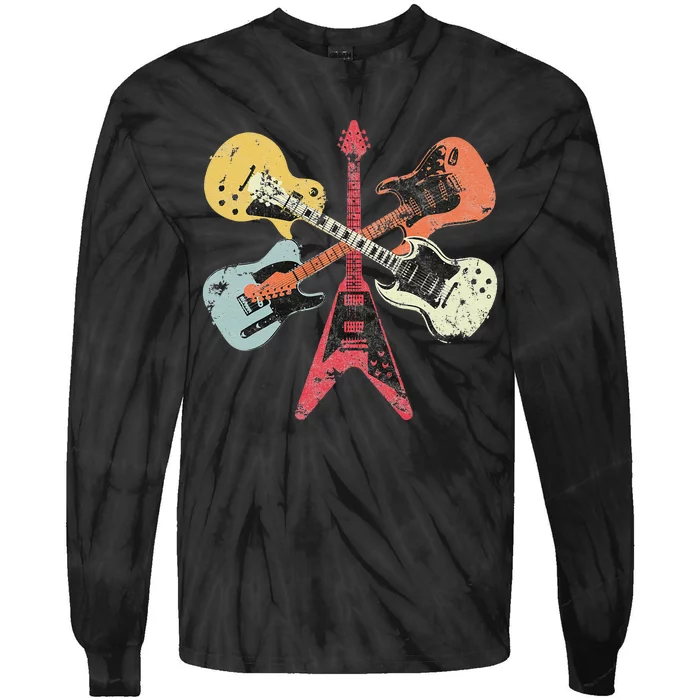 Distressed Retro Guitar Collection Rock Music Fan Tie-Dye Long Sleeve Shirt