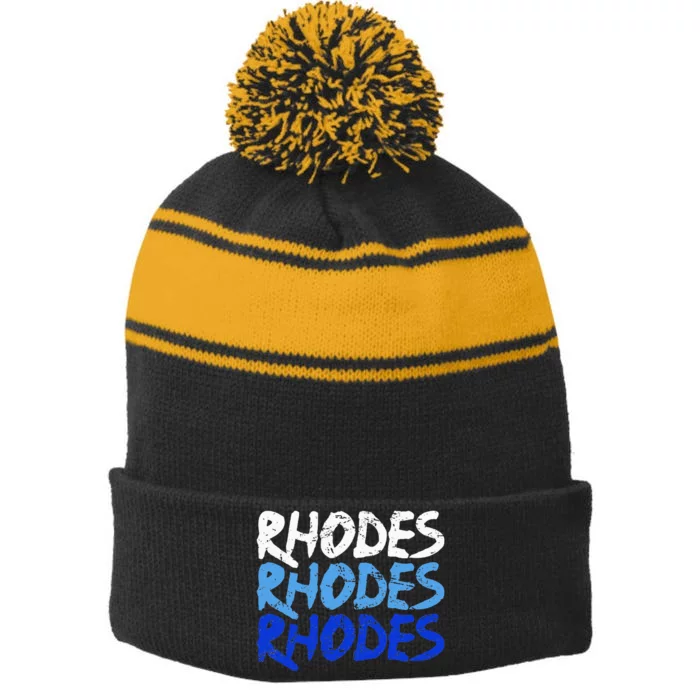 Distressed Rhodes Greece Dodecanese Greek Island Rhodes Stripe Pom Pom Beanie