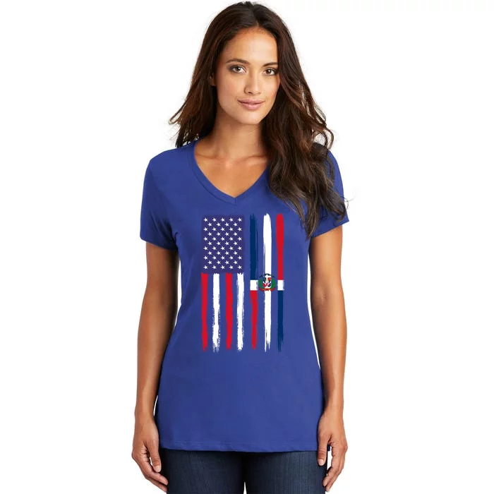 Dominican Roots Half American Flag Patriotic Dominican Meaningful Gift Women's V-Neck T-Shirt