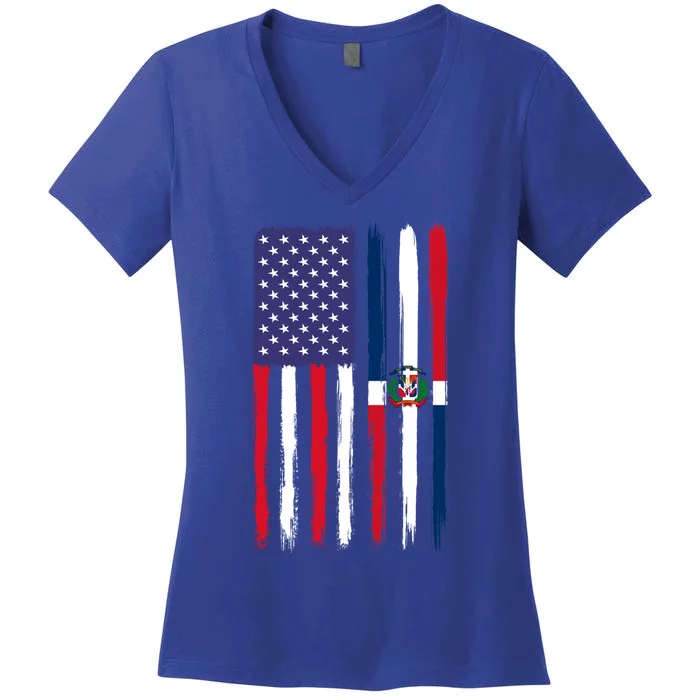 Dominican Roots Half American Flag Patriotic Dominican Meaningful Gift Women's V-Neck T-Shirt