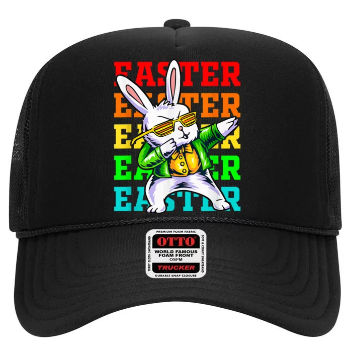 Dabbing Rabbit Happy Easter Day Colorful Dab High Crown Mesh Trucker Hat