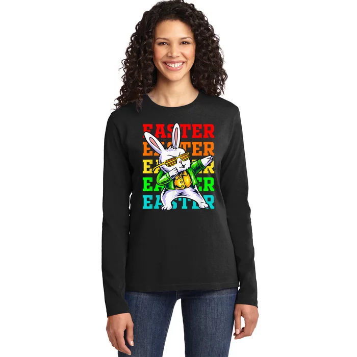 Dabbing Rabbit Happy Easter Day Colorful Dab Ladies Long Sleeve Shirt