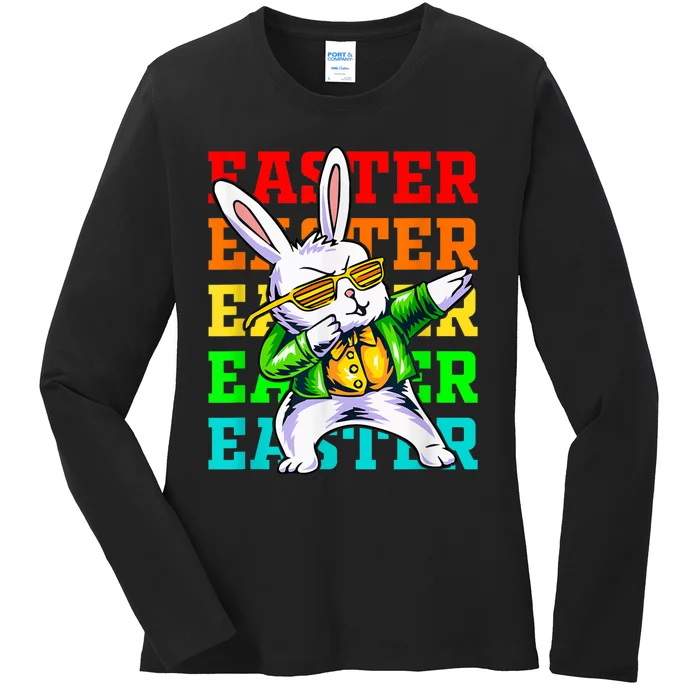 Dabbing Rabbit Happy Easter Day Colorful Dab Ladies Long Sleeve Shirt