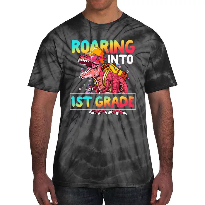 Dinosaur Roaring Into 1st Grade Funny Back To School Tie-Dye T-Shirt