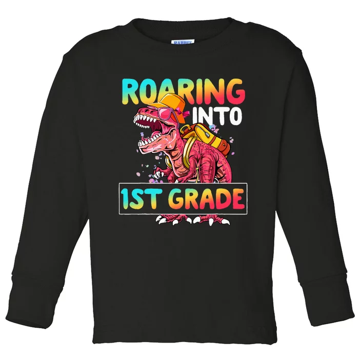 Dinosaur Roaring Into 1st Grade Funny Back To School Toddler Long Sleeve Shirt