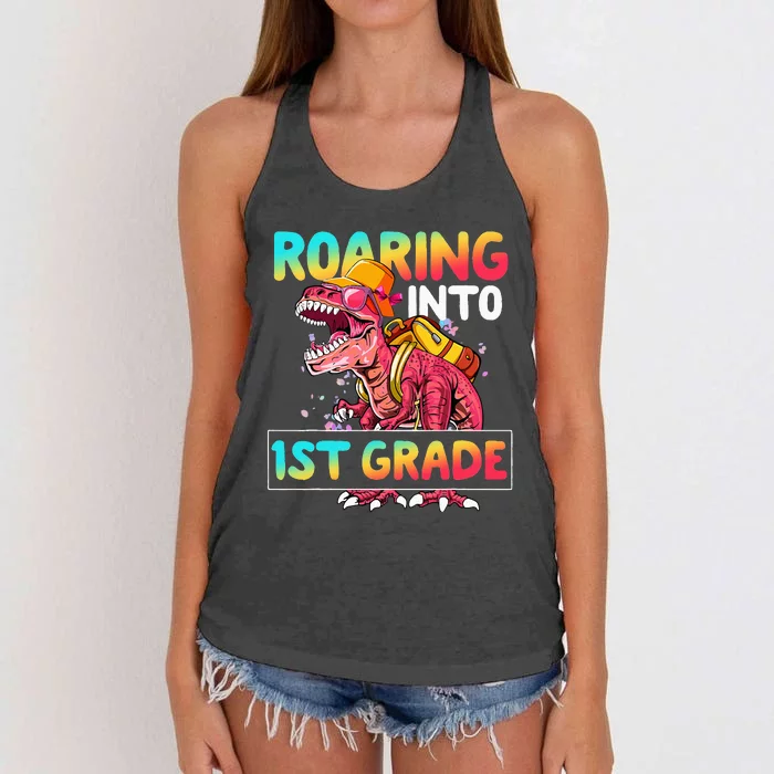 Dinosaur Roaring Into 1st Grade Funny Back To School Women's Knotted Racerback Tank