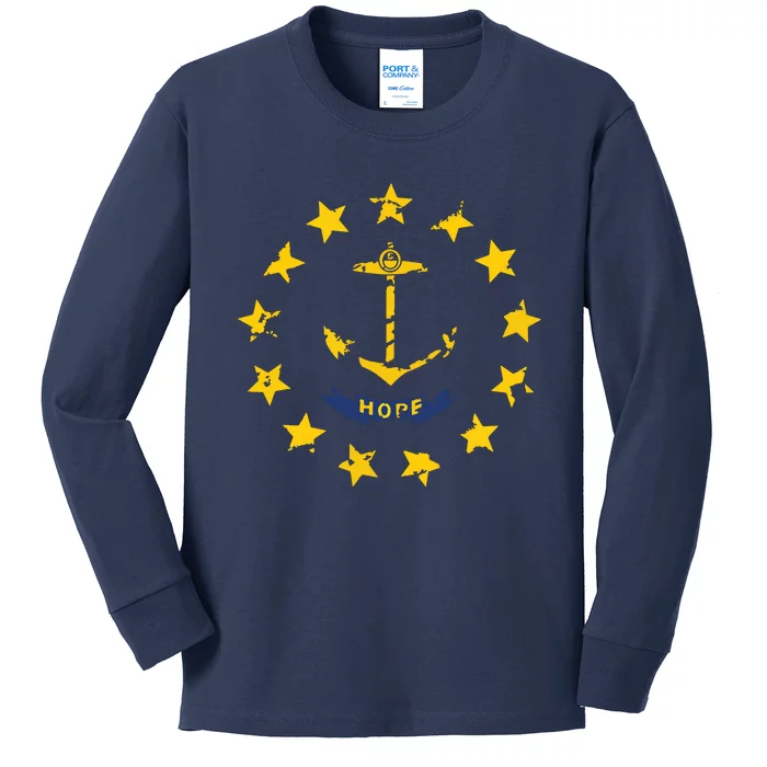 Distress Rhode Island State Flag Vintage Retro Kids Long Sleeve Shirt